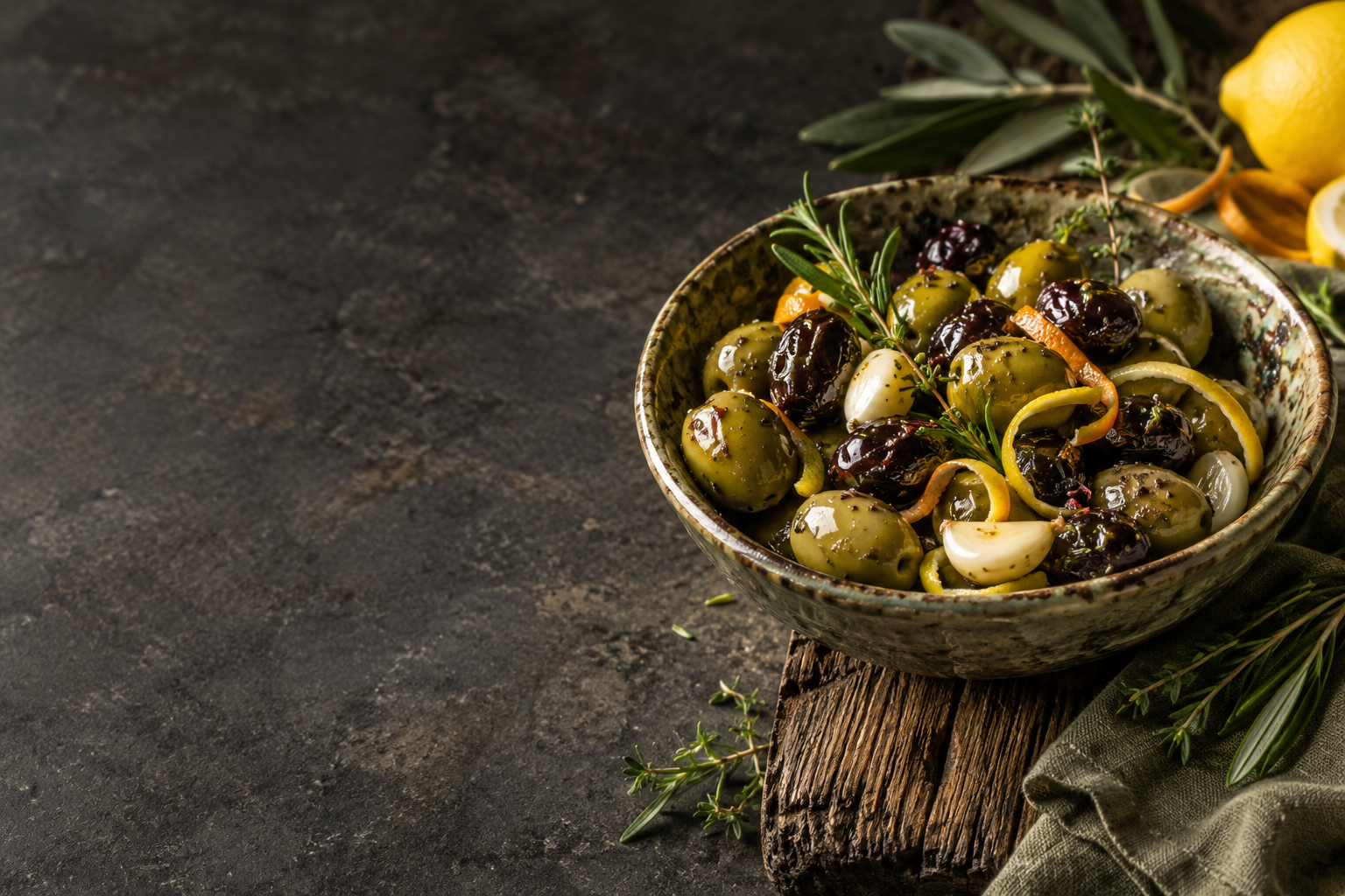 Aceitunas aliñadas con hierbas y cítricos sobre una mesa mediterránea